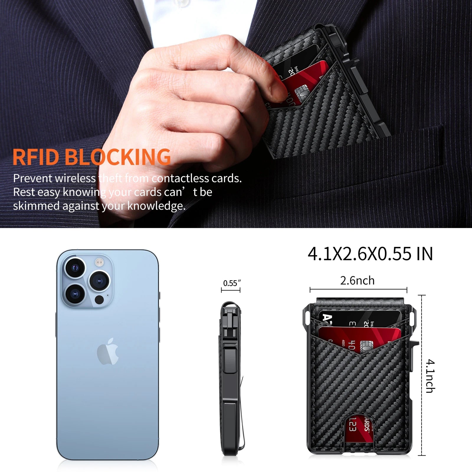 RFID blocking cardholder with smartphone and dimensions displayed