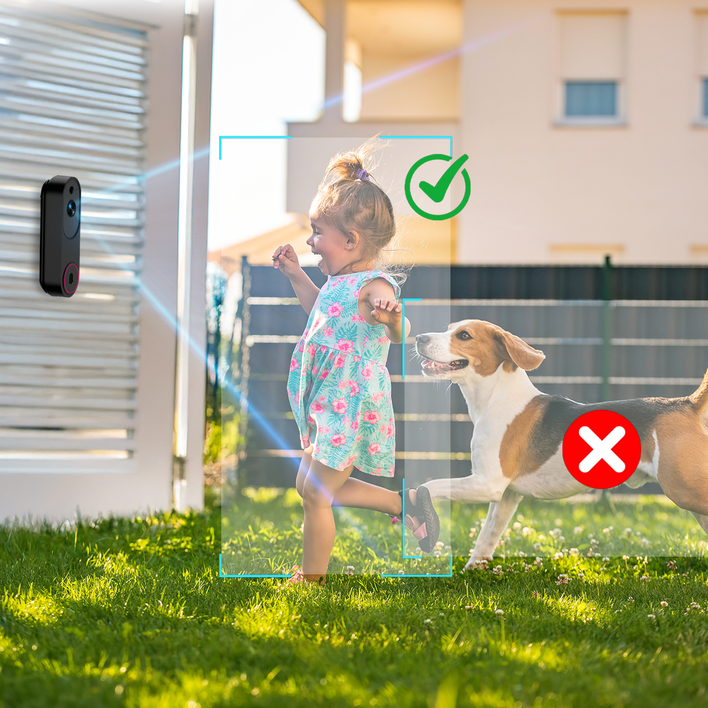 Child running with a dog in a grassy area, with a security Mivrass Doorbell Camera and green check mark indicating safety.
