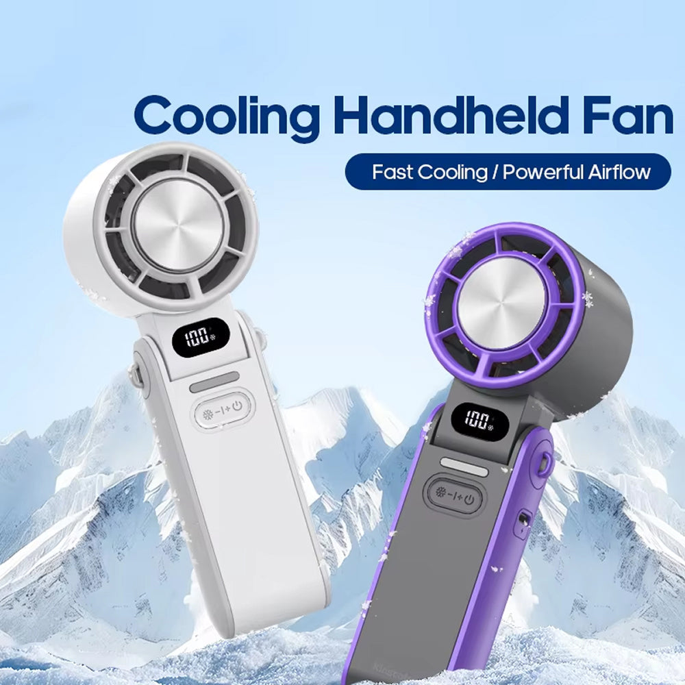 Two FrostoeByte Handheld Turbo Fan with digital displays against a mountainous background