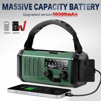 Green portable crankoax radio with charging cable on a white background, emphasizing its massive capacity battery.