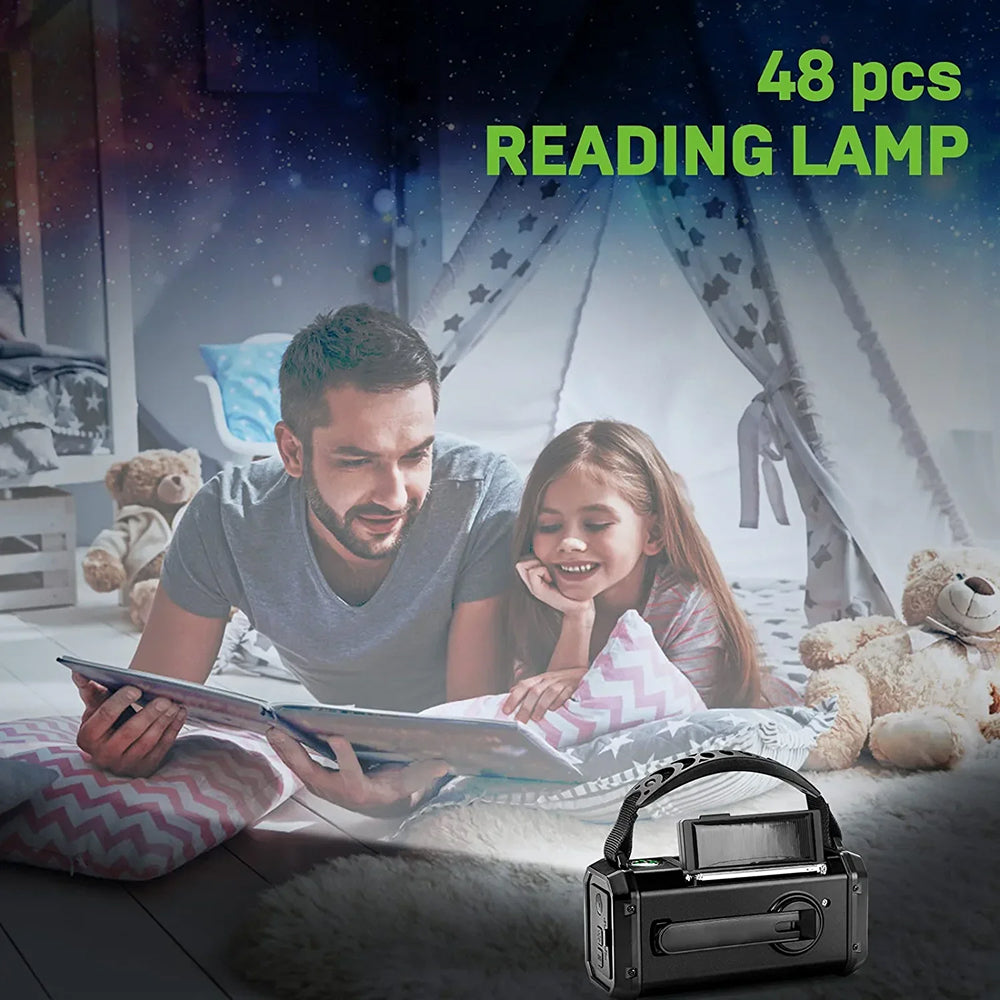 Man and child reading a book in a cozy room with 48-piece reading crankoax lamp displayed.
