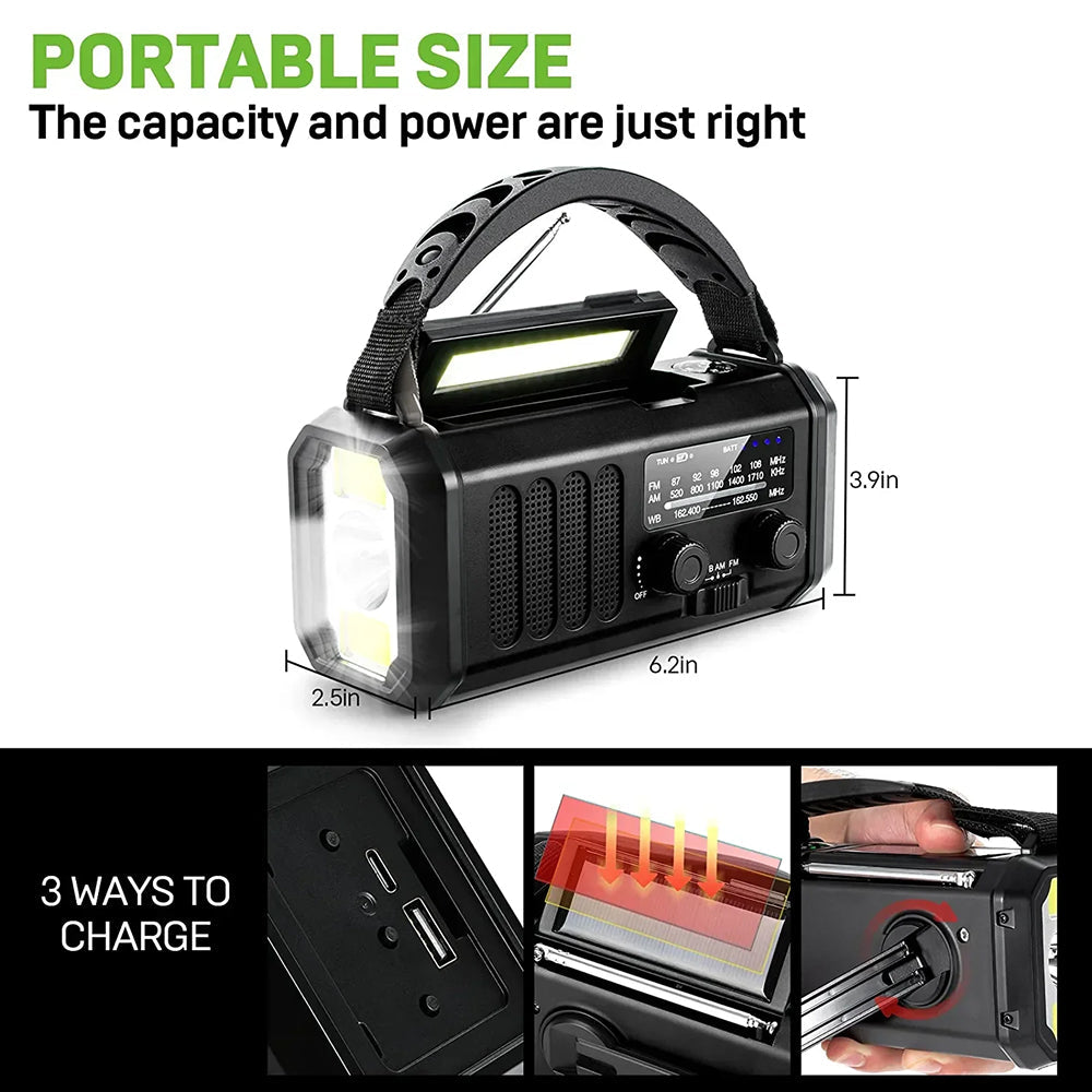 Portable multi-function crankoax radio device with flashlight, radio, and power bank features, shown with dimensions and charging methods.
