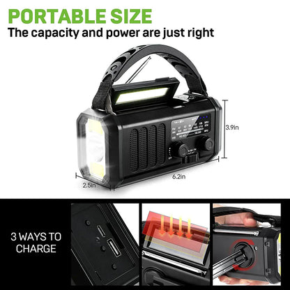 Portable multi-function crankoax radio device with flashlight, radio, and power bank features, shown with dimensions and charging methods.