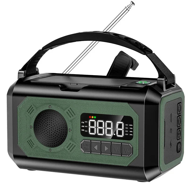 Green and black portable EmexRadi Emergency Radio with digital display on a white background