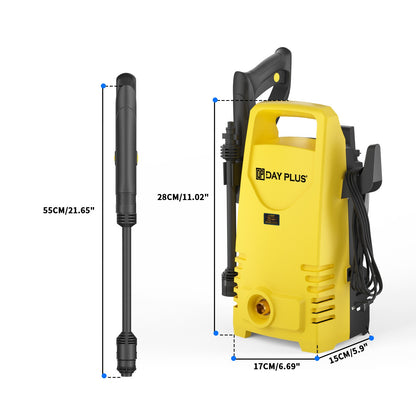 Yellow dayplusor washer with measurements on a white background
