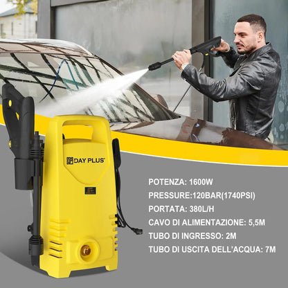 Person using a dayplusor high-pressure washer on a car with product details displayed.