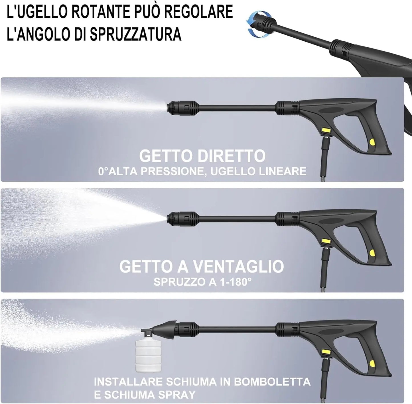 dayplusor Pressure washer lance with different spray patterns on a gray background
