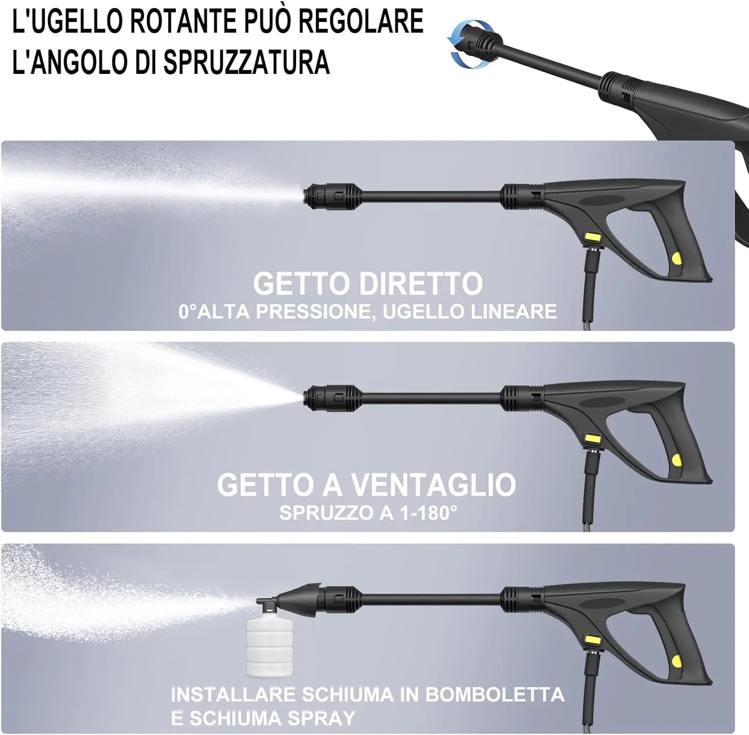 dayplusor Pressure washer lance with different spray patterns on a gray background