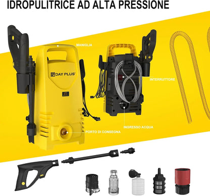 High-pressure dayplusor washer with various attachments on a yellow background