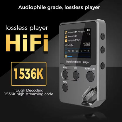 Digital EjoyMuzi Music Player with screen and buttons on a black background, highlighting 'HiFi' and '1536K' text.