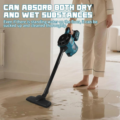 Person using a BloTixo Wet & Dry Vacuum on a wet floor with text about its cleaning capabilities.