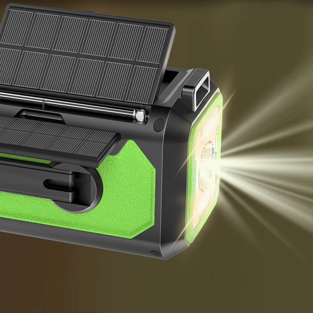Solar-powered flashlight with a green and black design on a dark background