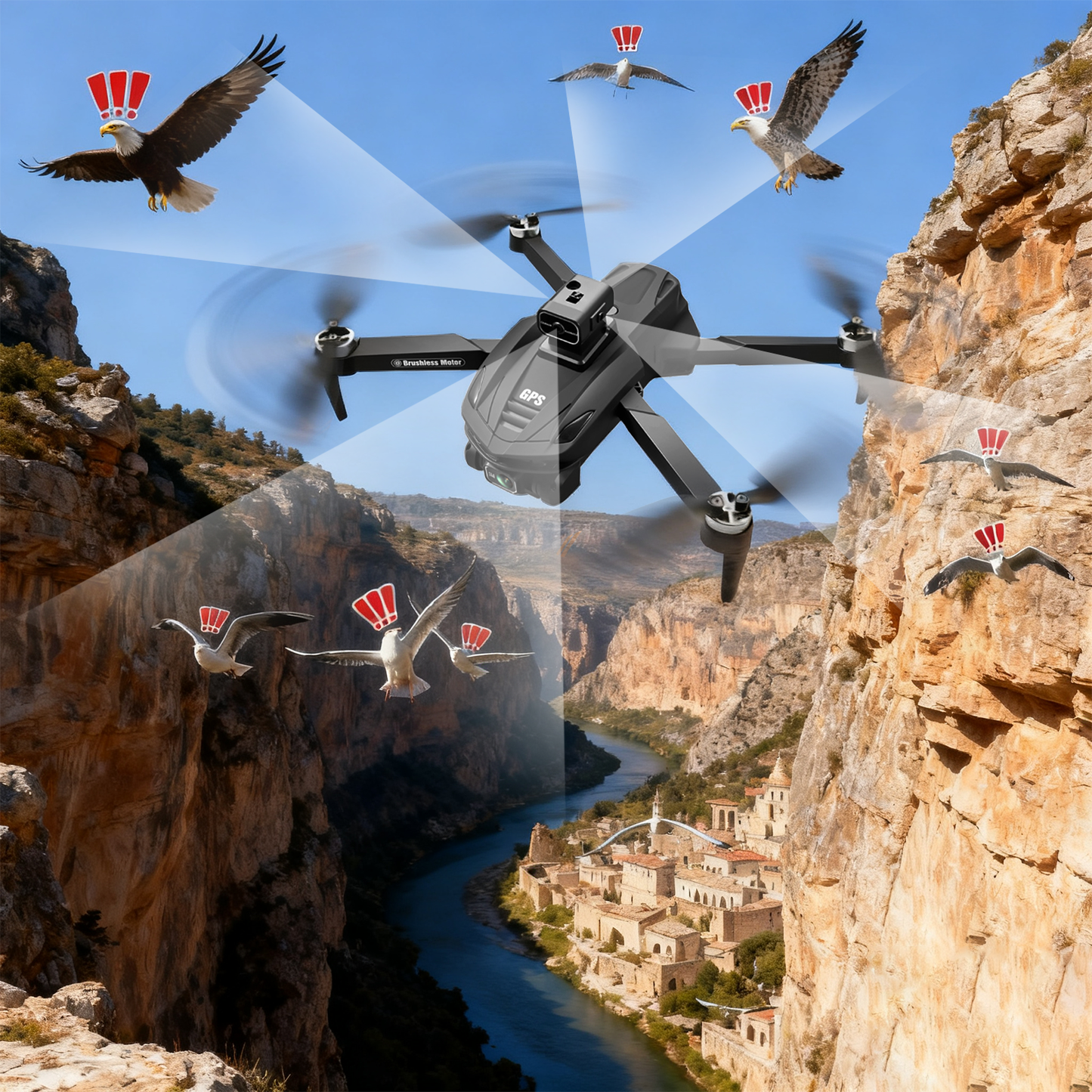 valis drone flying over a scenic landscape with cliffs and a river, with eagles and birds added for effect.