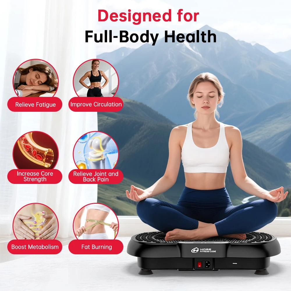 Woman using a Elarvo Vibration Plate with health benefits displayed on a scenic background