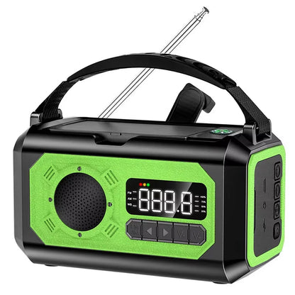 Green and black Radiflix Wind Up Radio with digital display on a white background