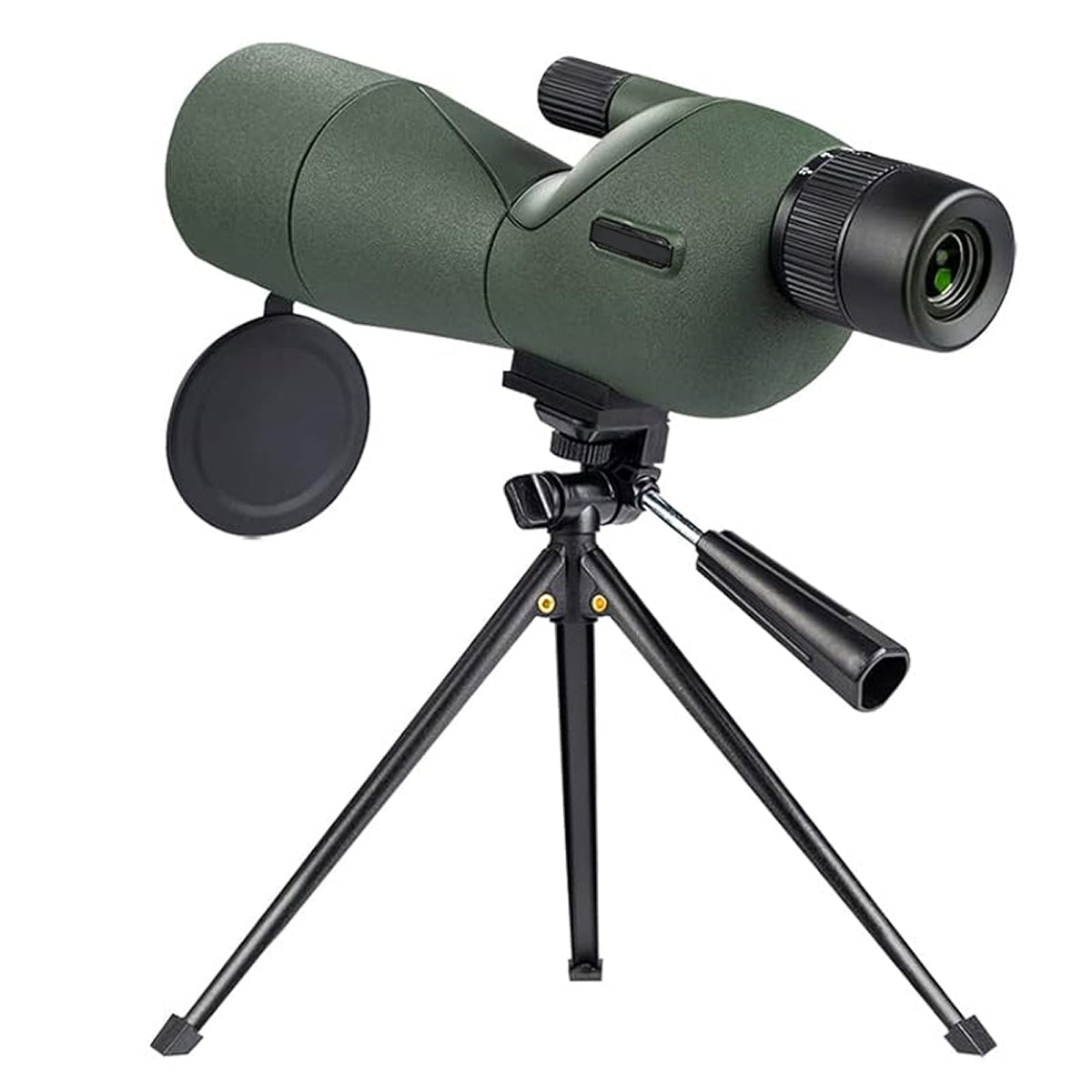 Green WildXplo Spotting Scope with tripod on a white background