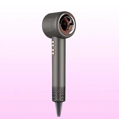 Gray SaharaCurl Smart Ionic Hair Dryer on a pink background