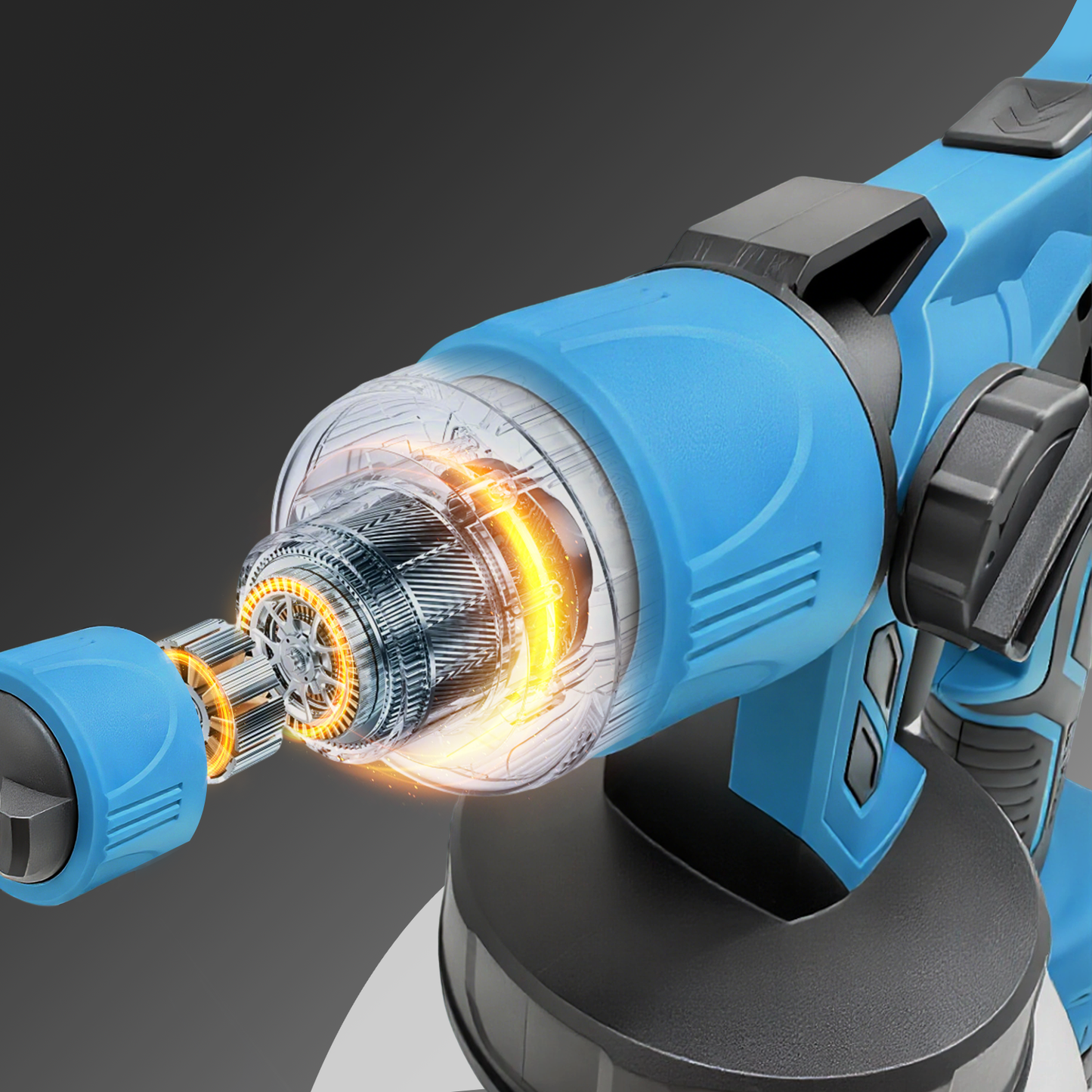 Close-up of a Geekik Cordless Paint Sprayer with a transparent design showing the internal components.