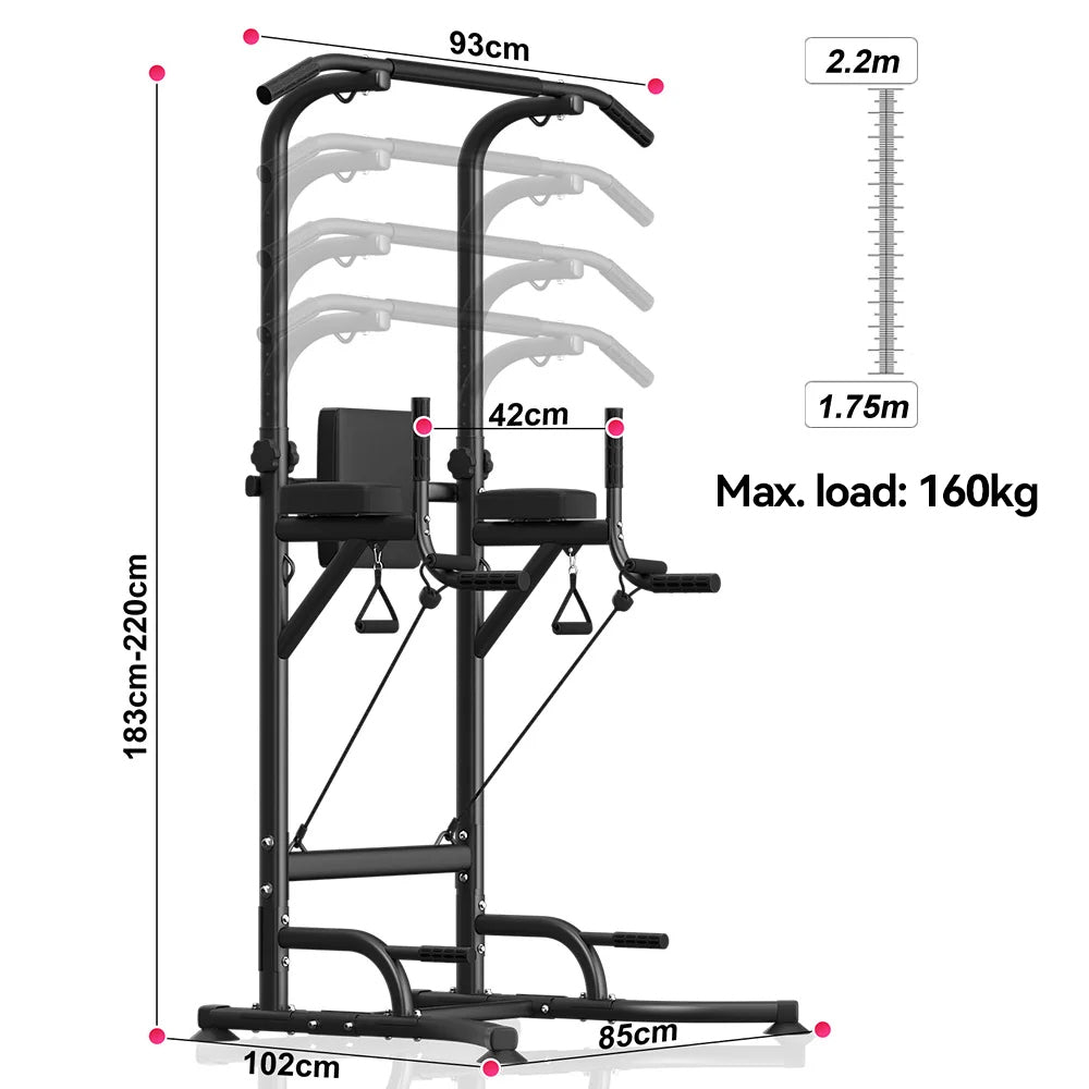 Plianx Power Tower pull-up bar with dimensions and weight capacity on a white background