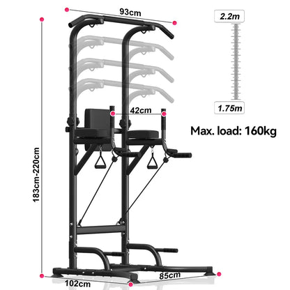 Plianx Power Tower pull-up bar with dimensions and weight capacity on a white background