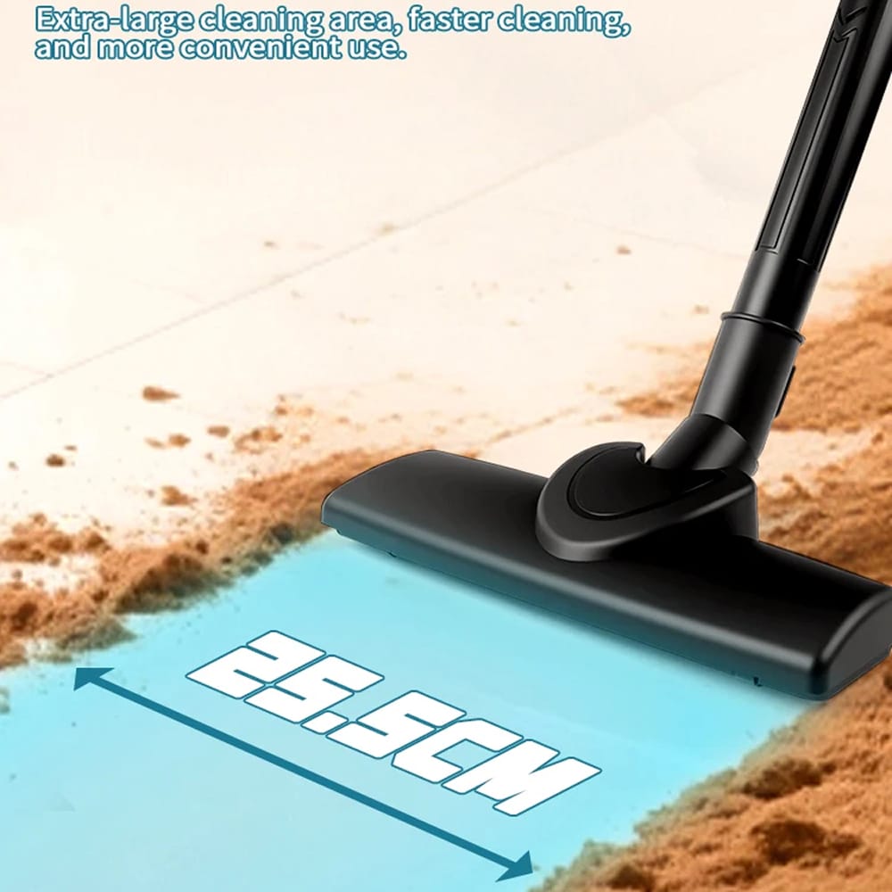 BloTixo Wet & Dry Vacuum head cleaning a surface with text indicating features and dimensions.