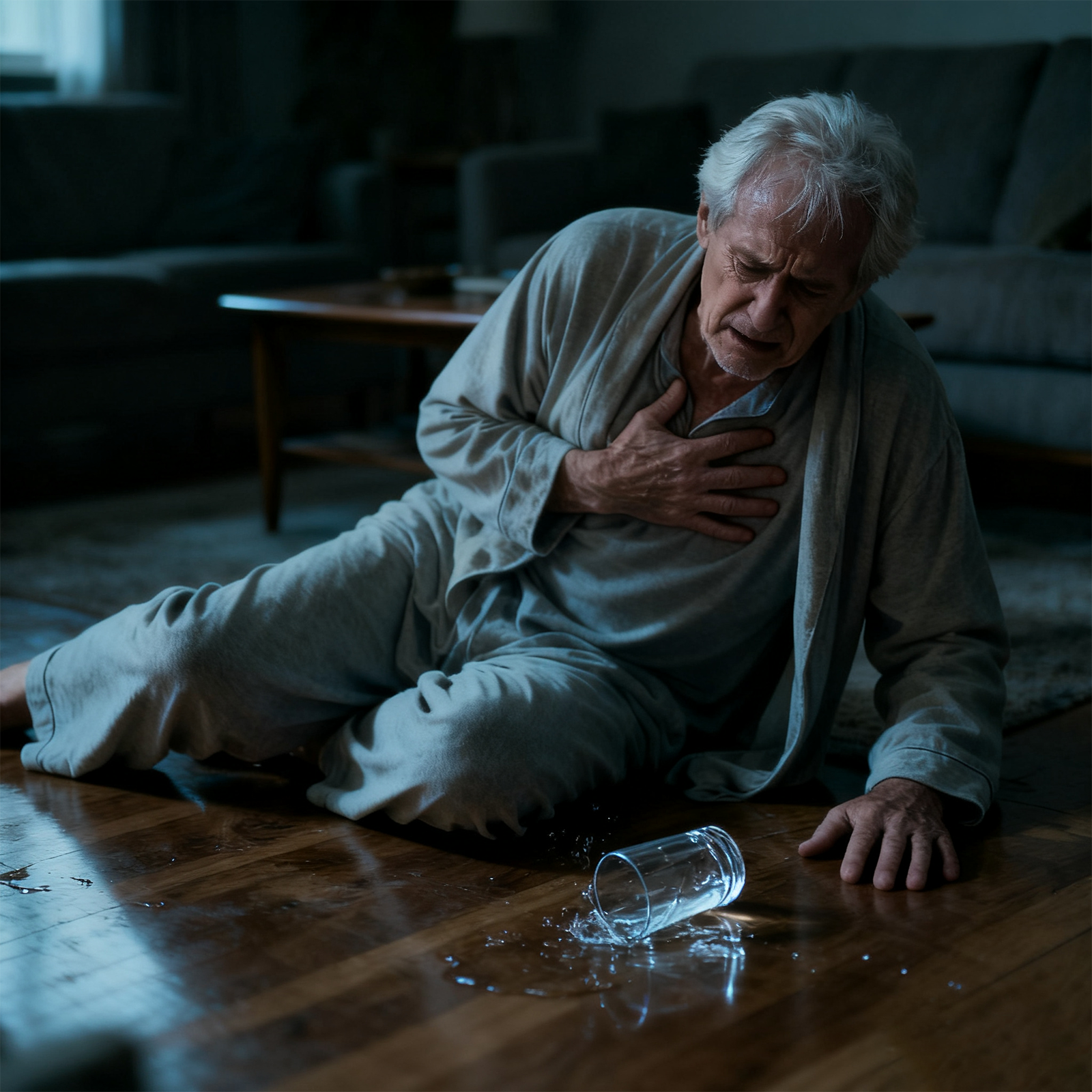 Man sitting on the floor with a glass of water spilled in front of him, appearing distressed.