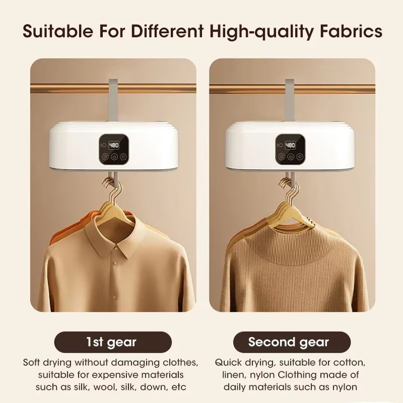 Clothing DryTekco Foldable Dryer on a hanger with text indicating different gear settings for fabric types.