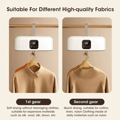 Clothing DryTekco Foldable Dryer on a hanger with text indicating different gear settings for fabric types.