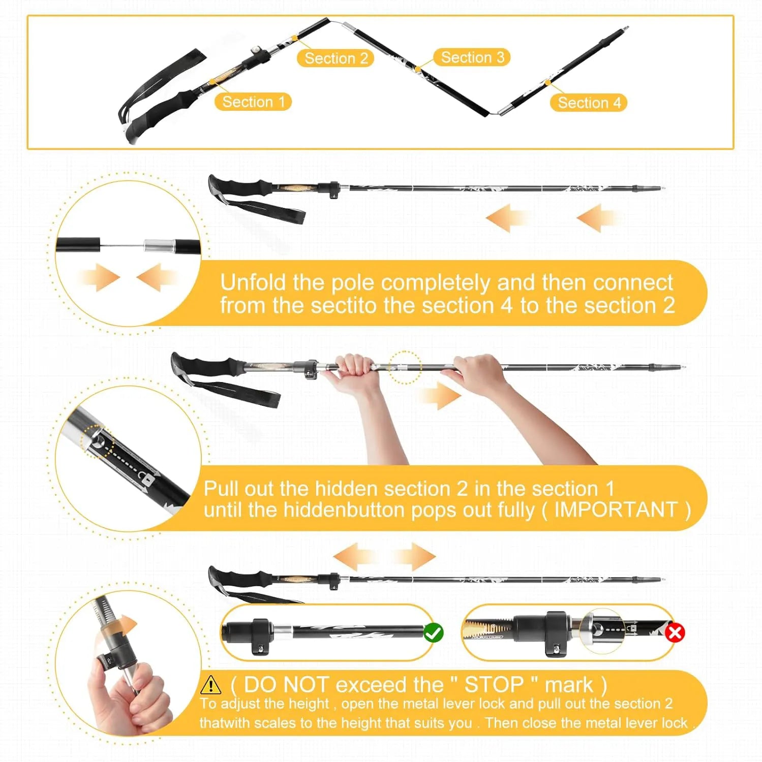 Instructions on how to unfold and adjust a Ironis Aluminium Alloy Telescopic Hiking Pole with labeled sections.