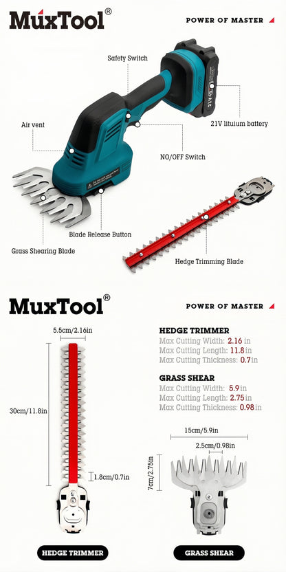 MuxTool hedge trimmer and grass shear with specifications on a white background