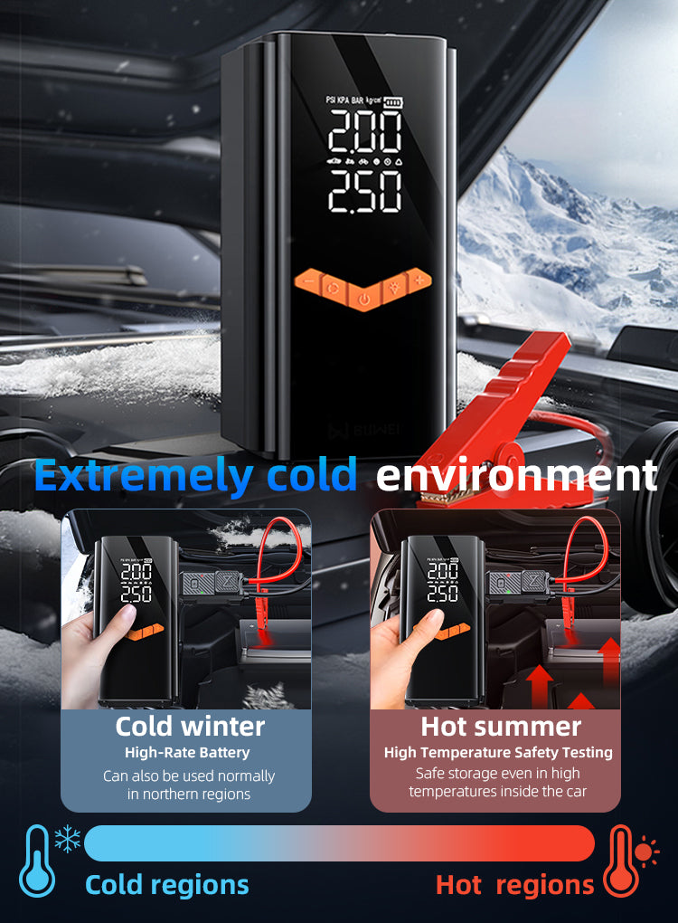 A black digital kalvori Jump Starter with an orange connector clip is shown prominently in front of a snowy mountain and car interior. The image includes marketing text reading 'Extremely cold environment' and two smaller inset panels demonstrating use in a cold winter scene and a hot summer safety-testing scene, with blue and red labels and temperature icons.