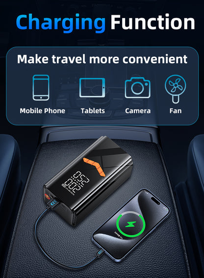 A black kalvori Jump Starter with a digital display showing 100% charge, connected to a smartphone in a car center console. The image includes marketing text at the top reading 'Charging Function' and 'Make travel more convenient' with icons for charging a mobile phone, tablets, camera, and fan.