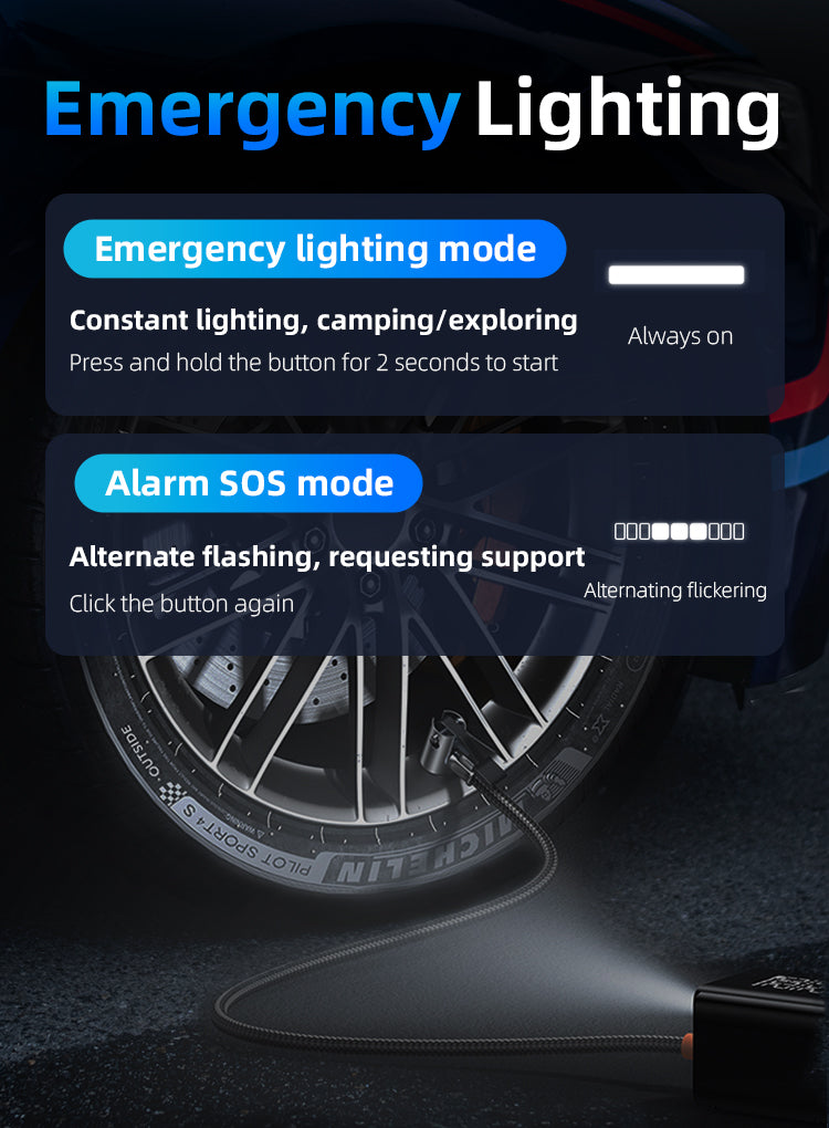 Emergency lighting mode and SOS mode interface overlays shown above a car wheel, with a flashlight beam projecting on the ground. Text explains constant lighting in emergency lighting mode and alternating flashing in alarm SOS mode.