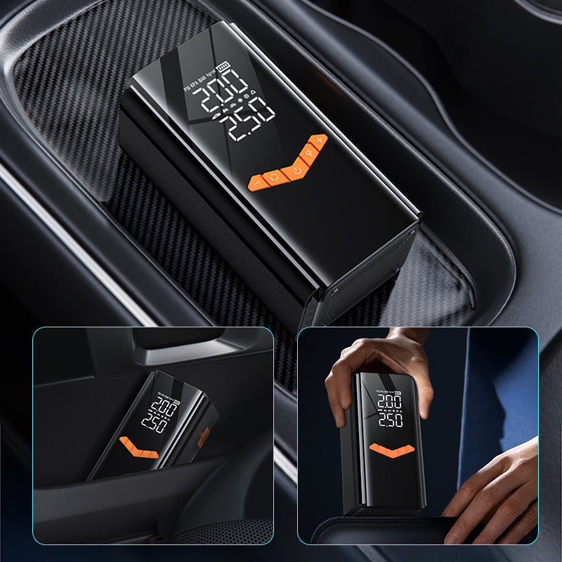 Car kalvori Jump Starter with digital display and control panel, placed in a car's cup holder.
