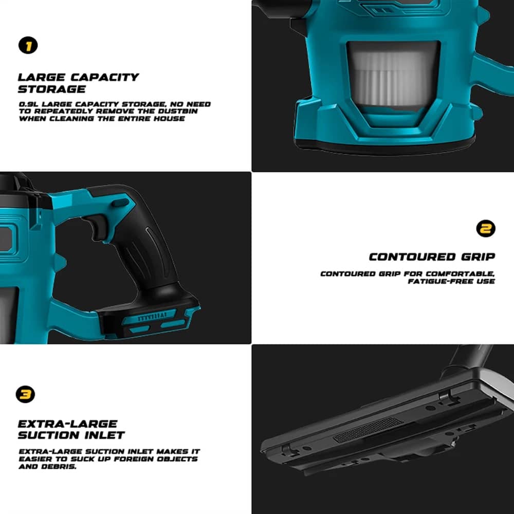 Teal BloTixo Wet & Dry Vacuum with features highlighted on a black background