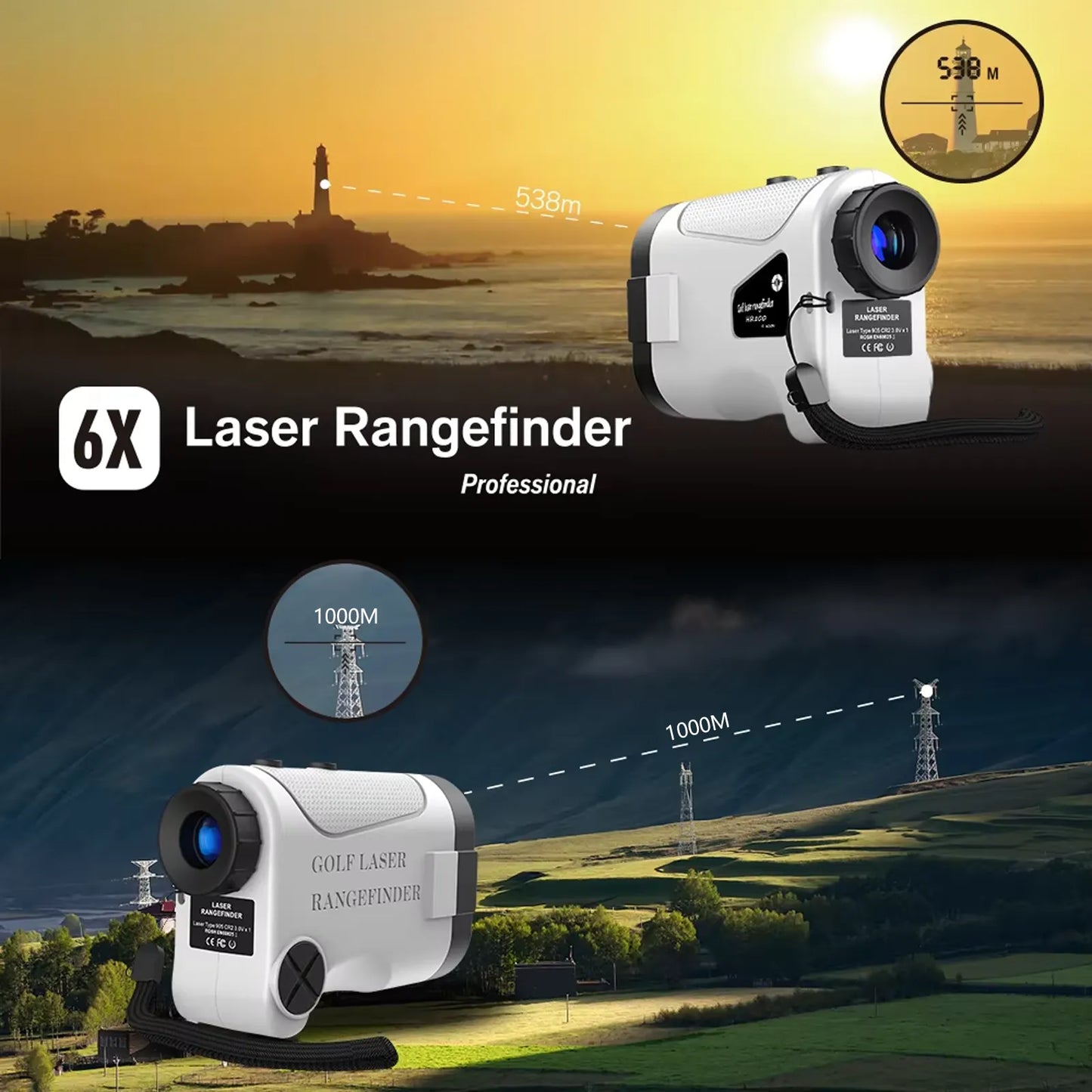 Klarity Golf Rangefinder with sunset and lighthouse background
