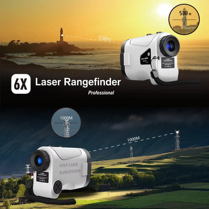 Klarity Golf Rangefinder with sunset and lighthouse background