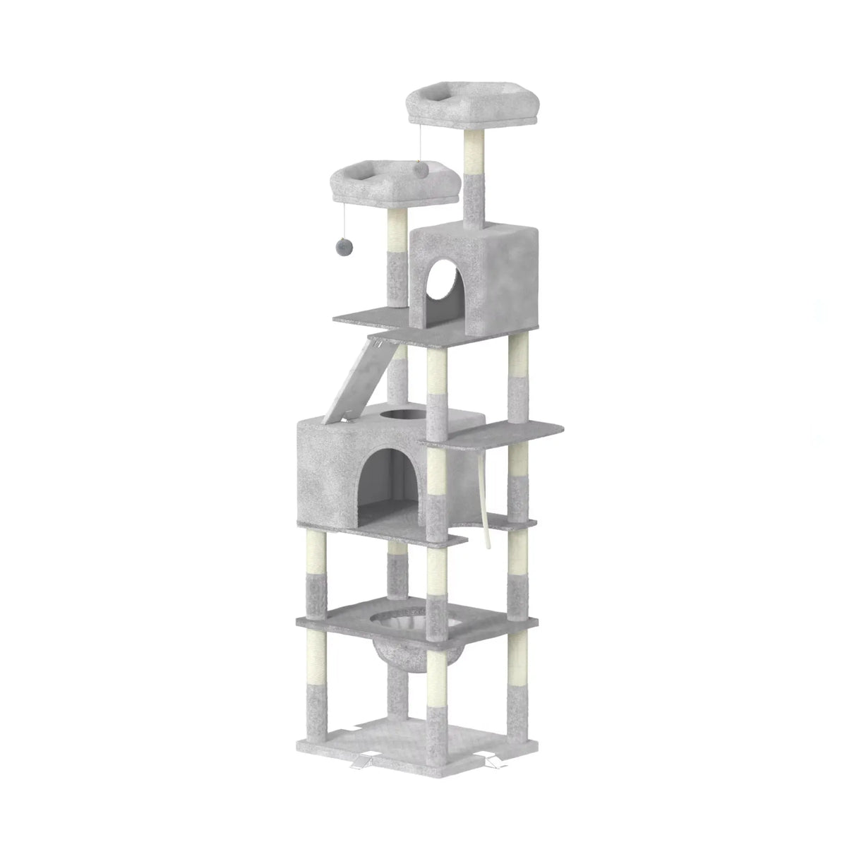 Gray Elarvo Cat Tree with multiple levels and a hanging toy on a white background