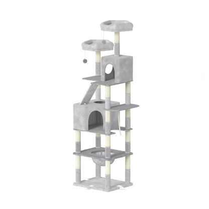 Gray Elarvo Cat Tree with multiple levels and a hanging toy on a white background