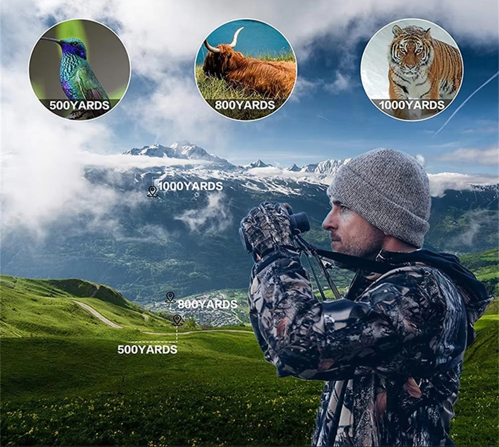 Man in camouflage clothing using BixCelix Binocular with scenic mountain backdrop and distance markers.