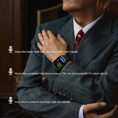 Man wearing a Noxus Blood Pressure Smartwatch with health monitoring display, sitting indoors.