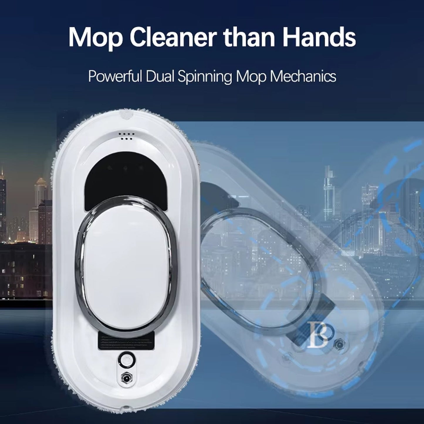 Mop cleaner WiniGlide Robot Window Cleaner with cityscape background and text about powerful dual spinning mop mechanics.