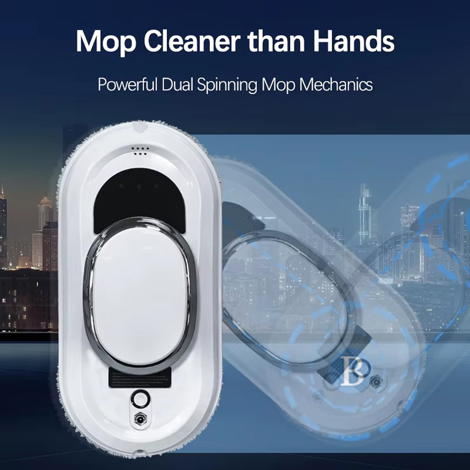 Mop cleaner WiniGlide Robot Window Cleaner with cityscape background and text about powerful dual spinning mop mechanics.