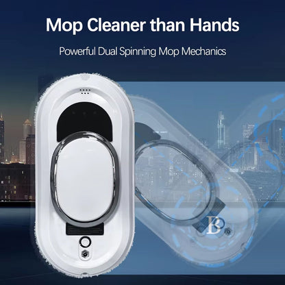 Mop cleaner WiniGlide Robot Window Cleaner with cityscape background and text about powerful dual spinning mop mechanics.