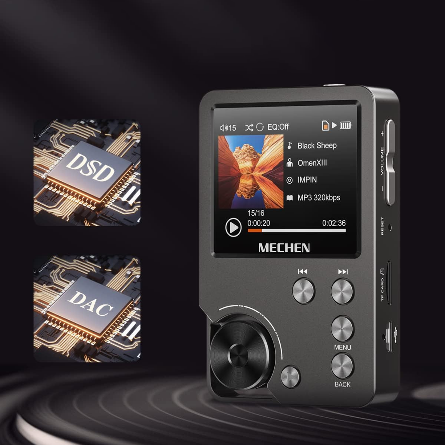Black Swiftgrid MP3 Player with digital display and MECHEN branding on a dark background