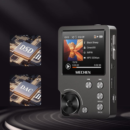 Black Swiftgrid MP3 Player with digital display and MECHEN branding on a dark background