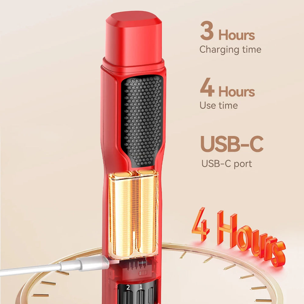 Red NaxiGriva Dog Nail Grinder with charging and usage time details on a beige background