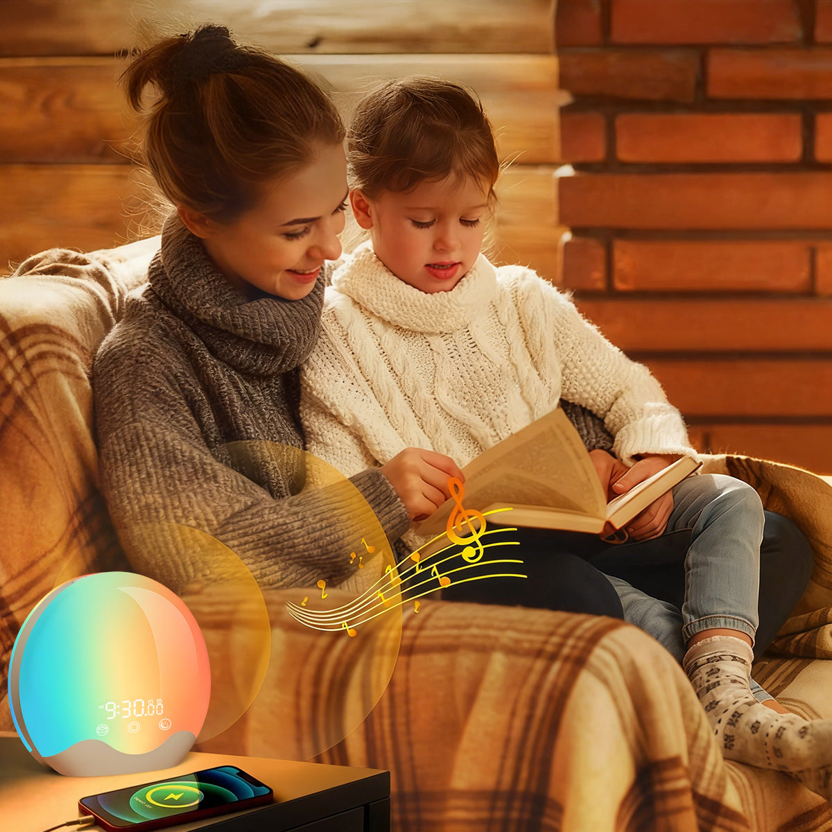 Woman and child reading a book together on a couch with a colorful light Swiftgrid LED Sunrise Alarm Clock on a table.