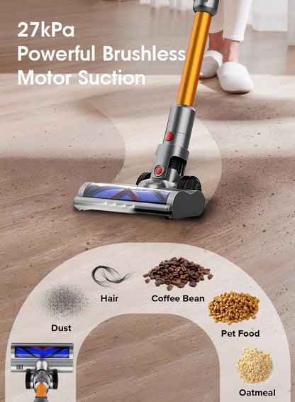 Noventrixa Vacuum Cleaner with text about powerful brushless motor suction on a wooden floor.