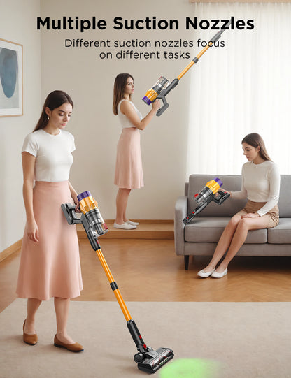 Woman using a Purco V18 Vacuum Cleaner with multiple suction nozzles in a living room.